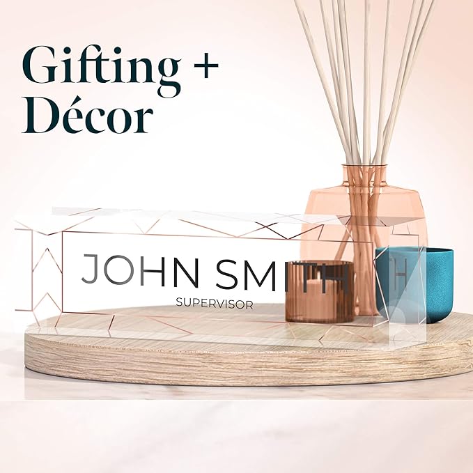 Desk Name Plate Personalized, Custom Name Plates, 2½/x8 Inches, Thick Crystal-Clear Acrylic, Gift Box, Office Desk Decor. USA Made by ACRYLUXE (White)