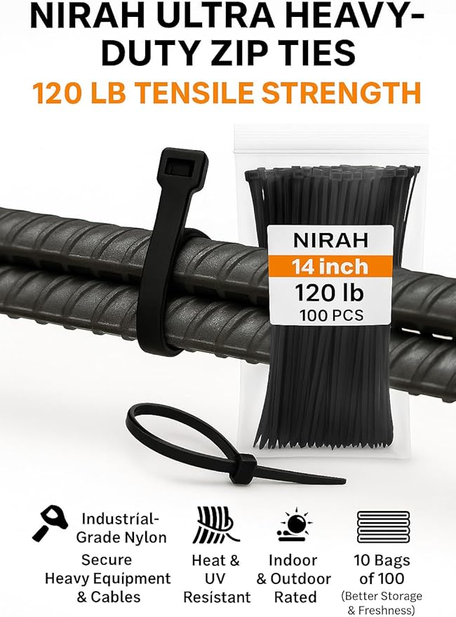 14 inch Zip Ties Black (1000 Pack) 120lbs Ultra Heavy Duty Tensile Strength, UV Resistant, Self-Locking, Heavy Duty Nylon Cable Ties Wire Ties for HVAC, Home, Office, Contractors, Businesses by Nirah
