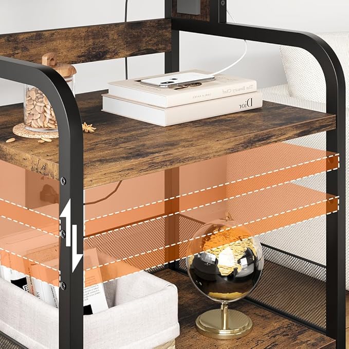GarveeLife Printer Stand with Power Outlets, 3-Tier Rolling Printer Table with Lockable Wheels, Heavy Duty Printer Cart with Adjustable Shelves, Utility Storage Cart for Home, Office, Brown