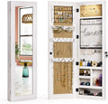 SRIWATANA Jewelry Armoire Cabinet, Solid Wood Jewelry Organizer with Full Length Mirror Wall/Door Mounted(Washed White)