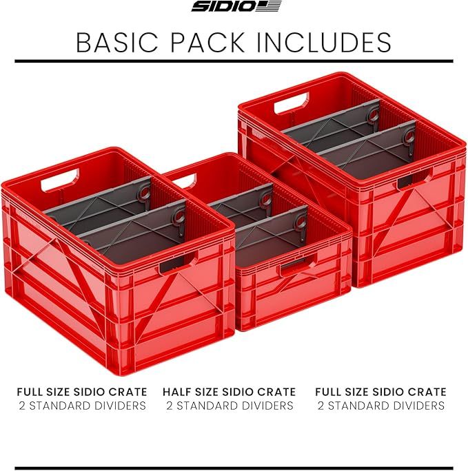 SIDIO CRATE Basic Pack - Two Full Size and One Half Size SidioCrate, Stackable Outdoor Organizer Storage Bins with Dividers - Red