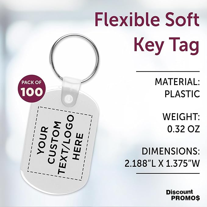 DISCOUNT PROMOS Tag Soft Plastic Keychains - 100 pack - Customizable Text, Logo - Small Key Tag Chain For Staying Organized - Rubber Key Ring Keychain – White