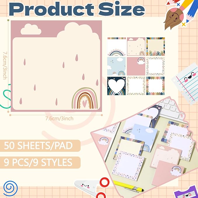 9 Pads Boho Sticky Notes 3x3 Inch Cute Self Stick Notepads Notes Adhesive Memo Pad Office Decor Gifts for Students School Teacher Meeting Office Supplies