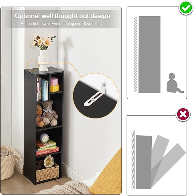 VECELO 4-Tier Bookcase, Modern Storage Cabinet with Height Difference Shelves for Standard Textbooks, 5 Cubes, Vertical or Horizontal, Easy Assembly,Vintage Black
