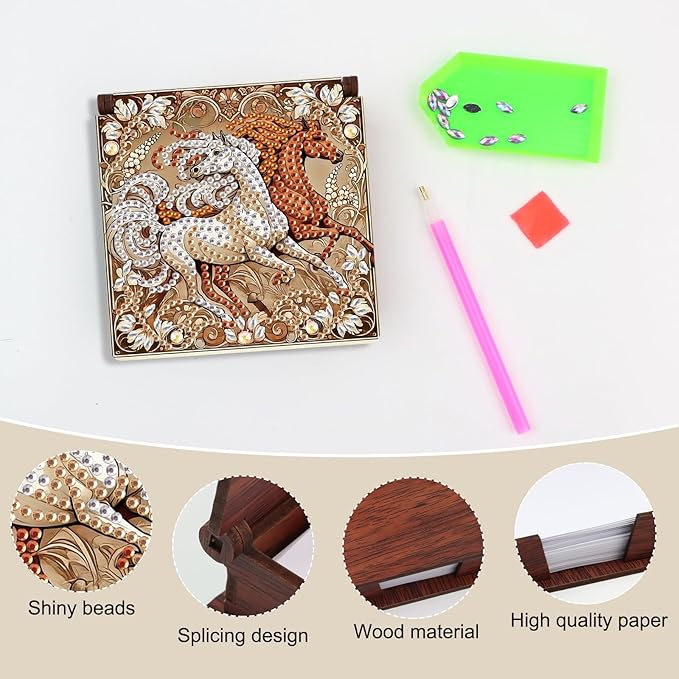 Wooden DIY Horse Diamond Art Notecard Box – DIY Gem Art Sticky Note Holder for Adults 160 Sheets Memo Pad Storage Desk