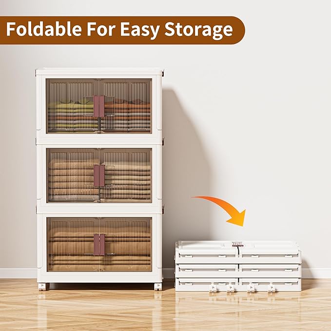 JOYWAVE 3 Tier Storage Bins with Lids,155QT Stackable Closet Organizers,Collapsible Plastic Bins,Storage Drawer,3 Pack Cubes