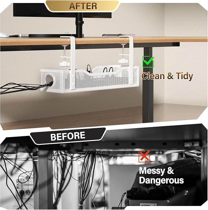 [Upgraded] Under Desk Cable Management Large, Cinati 16" Cable Management Box for Table Thickness up to 3", Wire Cord Organizer with Clamp No Drill, No Damage to Desk (White)