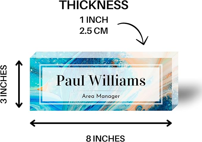 Customized Clear Acrylic Thick 8x3" Acrylic Black - Desk Name Plate Block with Personalized Logo - Professional Office Decor - Customized Acrylic Plate Gift for Teacher Co-workers (Blue-Beige Paint)
