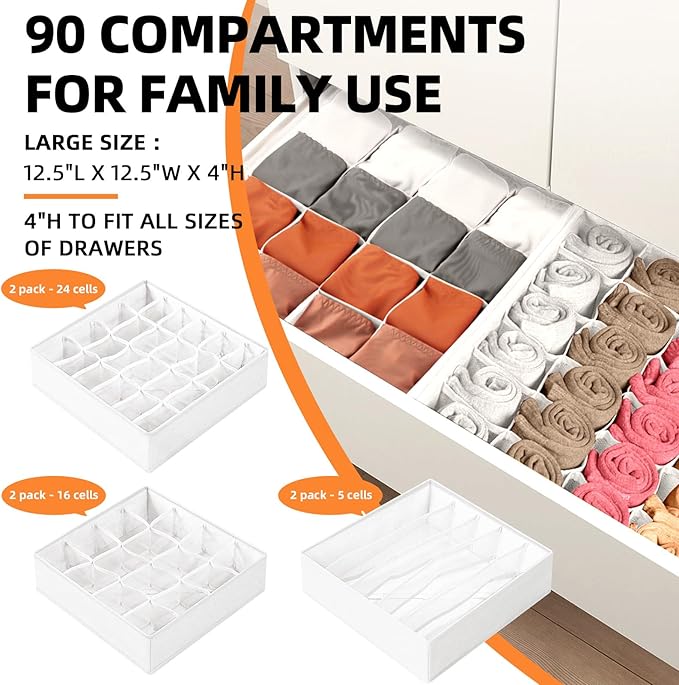 Criusia Drawer Organizer - 6 Set Clothes Organizer for Closet & Bedroom - 90 Cells Bins for Sock, Underwear, Bra, Baby Clothes - Washable & 10xDurable than Non-Woven Fabric (White)