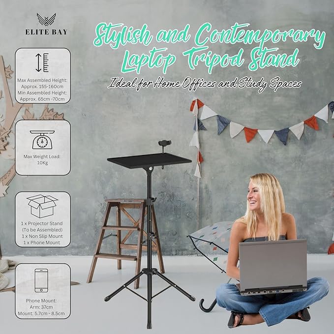 Adjustable Laptop Stand Tripod with Tray & Phone Mount – Heavy-Duty Alloy Tripod with 40.7x27.6cm Platform | Height Adjustable 0.65–1.6m | 15kg Load Capacity | Portable & Foldable
