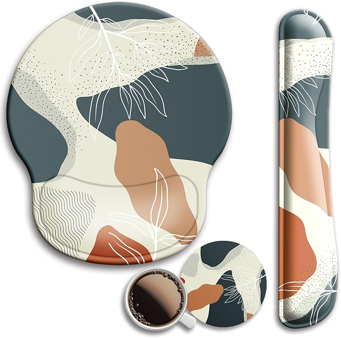 Mouse Pad and Keyboard Wrist Rest Support, with Non-Slip PU Base,Gel Mouse Pad with Coaster,Pain Relief for Gaming, Computer,Office -Vector Leaves