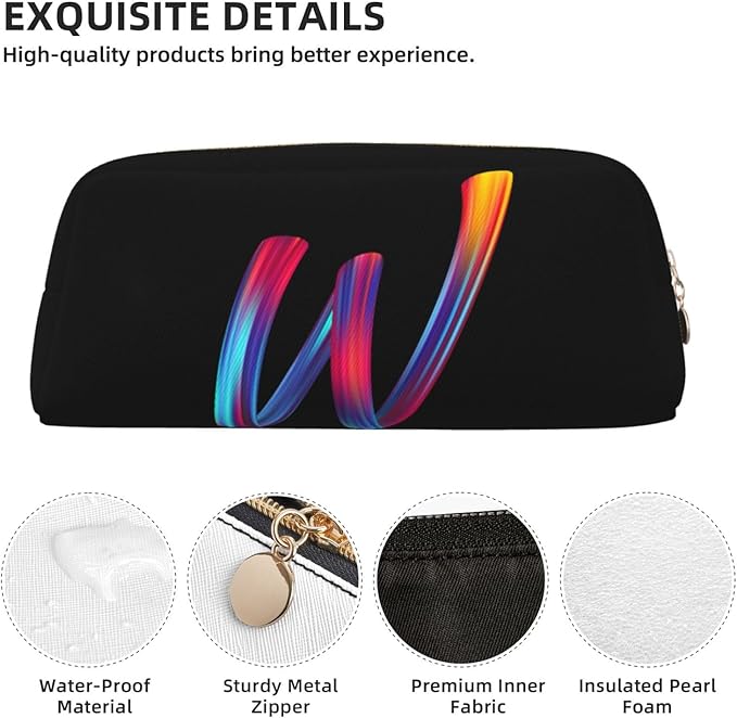 Cute Initial Pencil Case for Kids Simple Leather Pencil Pouch for Boys Girls Letter Design Pencil Box Pen Bag Pencil Pouch Office Stationery Organizer, Rainbow Letter W