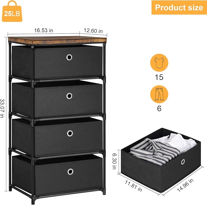 HAITRAL Fabric Storage Chest, Drawer Clothes Organizer - 4 Drawers Storage Organizer Unit for Closet, Easy Assembly Closet Dresser for Dorm, Bedroom, Hallway, Storage Bins (Black)