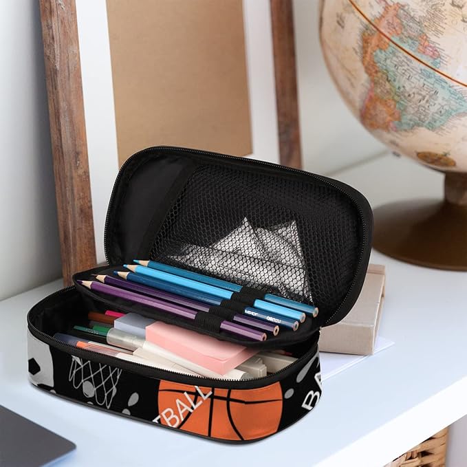 Pardick Sport Basketball Big Capacity Pencil Pen Case Basketball Print Large Pencil Pouch with Zipper Compartments Pencil Bag for Boys Girls Adults Student Office School Supplies