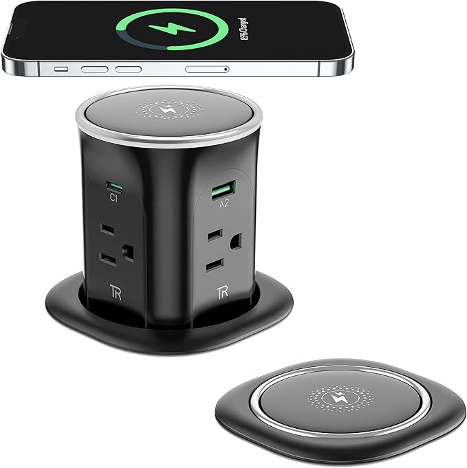 Jgstkcity Pop Up Countertop Outlet Recessed Power Strip with 15W Wireless Charger,45W USB C,3.15 inch Desk Hole,Ideal for Kitchen Island & Conference Table Receptacle (Black, 6FT-45W USB Ports)