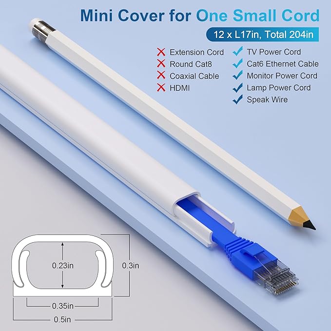 ZhiYo 204in Cord Covers for Wires on Wall, One Small Cord Hider Wall, Self-Adhesive TV Cable Hider, Paintable Wire Covers for Cords, Grey Cable Management Raceway Kit, 12x L17in W0.5in H0.3in