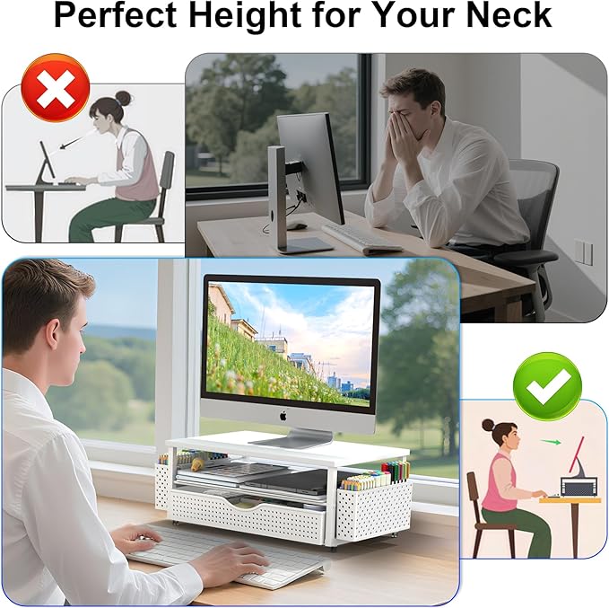 Spacrea Desk Organizer and Accessories, Computer Monitor Stand Riser with Drawer and 2 Pen Holders, Office Desk Accessories & Workspace Organizers for Office Supplies (White)