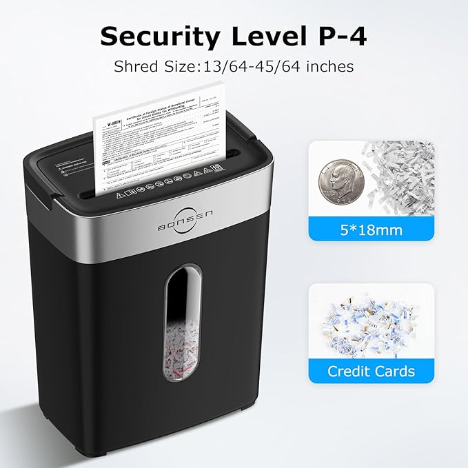 Bonsen 10-Sheet Cross Cut Paper Shredder for Home Office, P-4, Portable Handle, 4 Gallons Bin, Paper and Credit Card Shredder, Black (S3201 New Version)