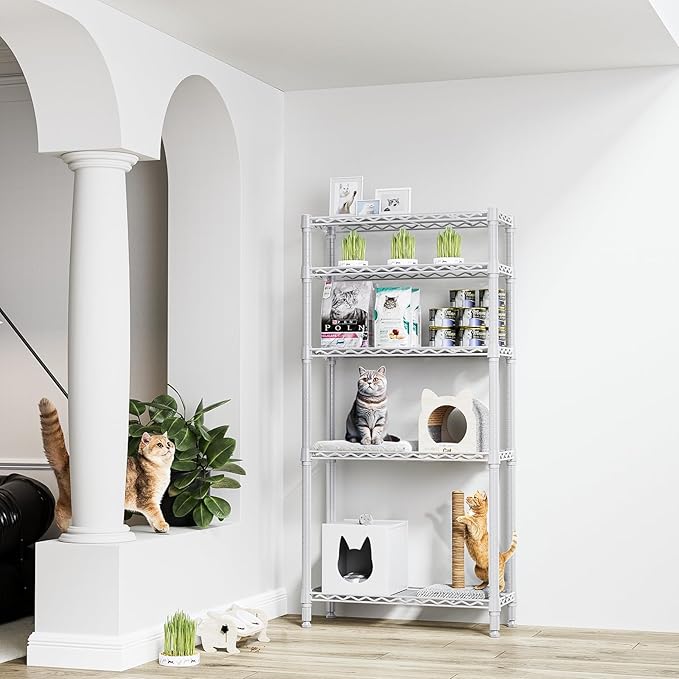 1250 lbs 5 Tier Shelf Metal Storage Shelves Wire Rack Closet Organizers for Garage Kitchen Bathroom Laundry White 11.8" D x 29.5" W x 59.5" H