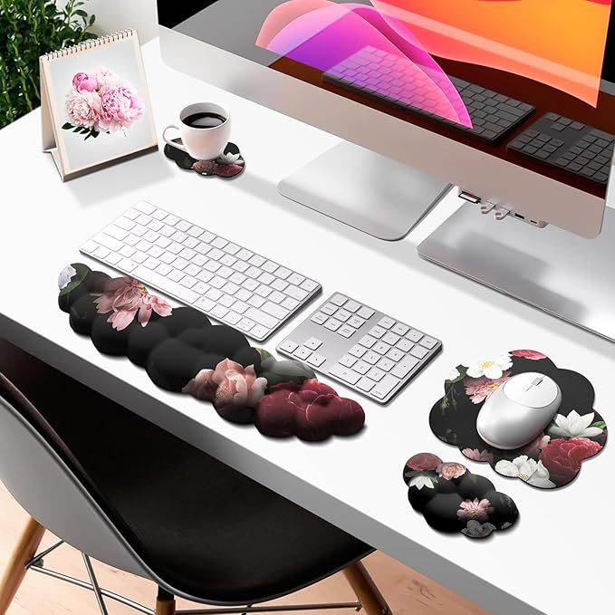 JIKIOU Cloud Wrist Rest Keyboard, Cloud Keyboard Wrist Pad Set with Comfortable Cloth, Cute Arm Rest for Palm Support, PC/Gaming Desk Accessories/Office Setup/Computer Hand Cushion Multicolored Peony