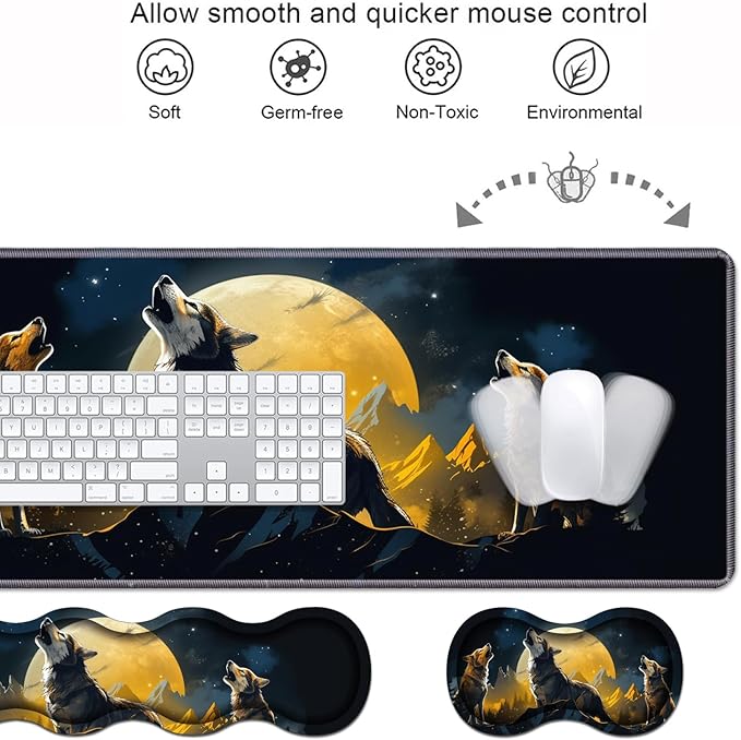 Ergonomic Keyboard Wrist Rest & Mouse Pad Wrist Rest Set, Large XXL Gaming Desk Mat 31.5"x 11.8" with Memory Foam, Easy Typing Pain Relief for Office & Home, Wolf Howling Under The Moon