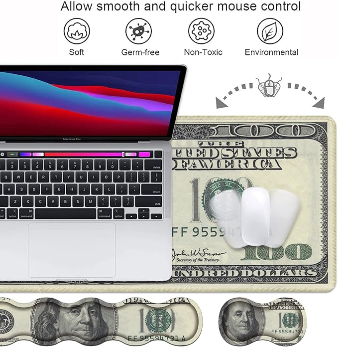 Ergonomic Keyboard Wrist Rest and Mouse Pad Wrist Rest Set, Large XXL Gaming Mousepad 31.5"x 11.8", Memory Foam, Easy Typing Pain Relief, Multifunctional Desk Mat for Office & Home, 100 Dollar Bill