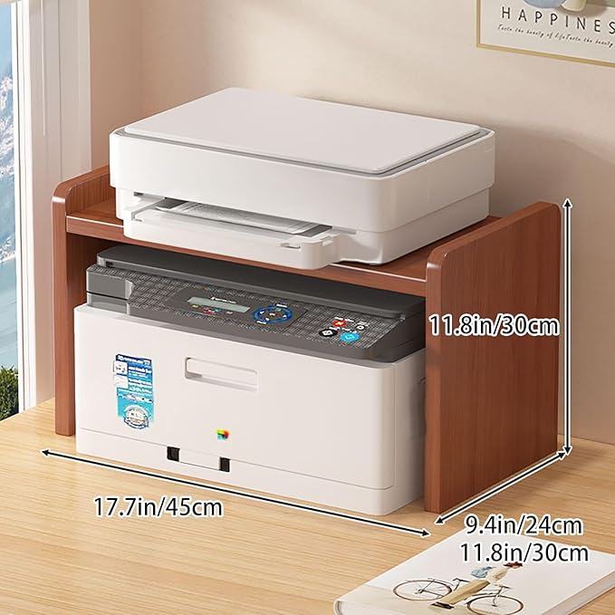 Desktop Storage Rack, Wooden Printer Stand with Compact Under Desk Shelf for Home Office Organization(Teak Color,17.7 * 9.4 * 23.6in)