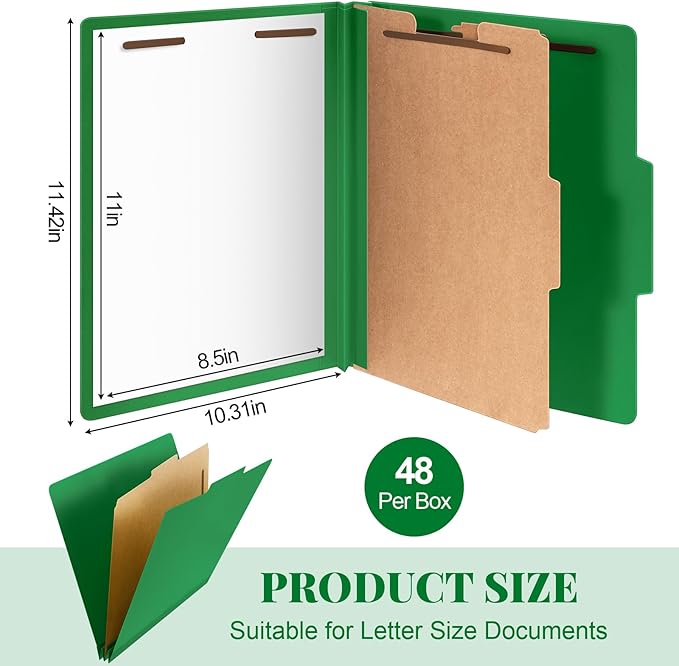 Skyygemm 48 Pcs Classification Folders Letter Size, 1 Divider Pressboard File Folder with Fasteners, Expanding Tax File Organizer Bulk for Teachers, Office, Church, Christmas Donations (Dark Green)