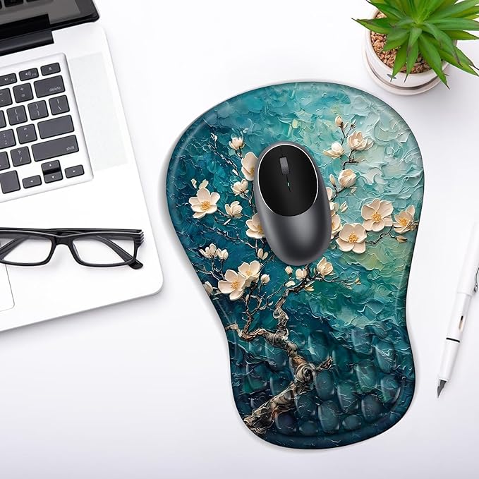 YIWEI Ergonomic Mouse Pad with Wrist Rest - Comfortable Office Mousepad with Memory Foam Wrist Support for Carpal Tunnel Relief, Mouse Pads with Non-Slip Base for Gaming and Home (Plum Plossom)