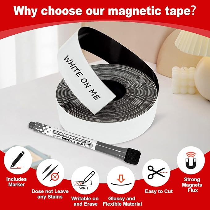 Thaibear Magnetic Dry Erase Labels Roll,3 Inch x 15 Feet, Magnetic Tape Roll, Magnetic Strips Labels, Dry Erase Magnet Labels Strip for Whiteboard, Locker, Refrigerator - Easy to Cut Any Shape