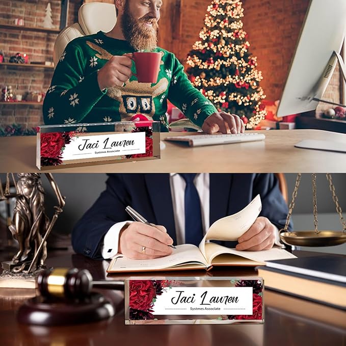 Custom Name Plates for Desks, Desk Decor, Personalized Desk Gifts, Office Desk Name Plate Personalized, Name Tags, Desk Accessories for Men or Women, Acrylic Name Plate for Desk(Red Rose) 731