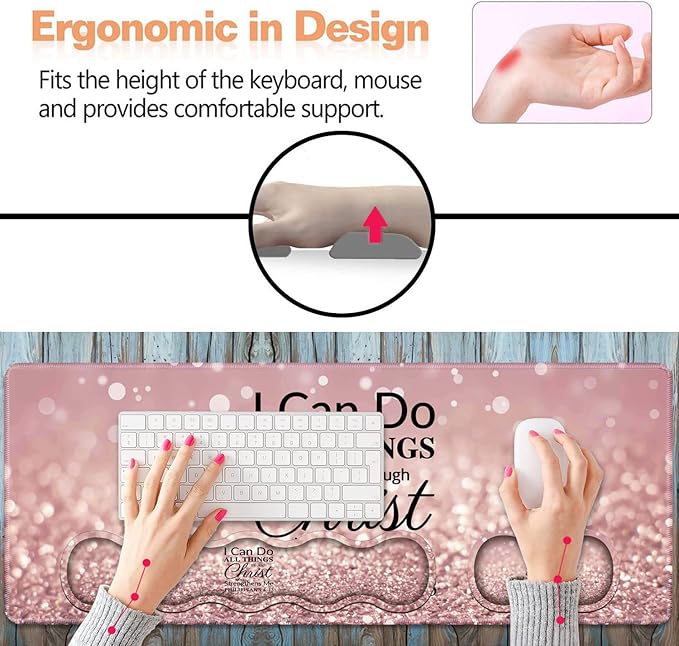 Ergonomic Keyboard Wrist Rest & Mouse Pad Wrist Rest Set,Large XXL Gaming Desk Mat 31.5"x 11.8", Non-Slip Base,Memory Foam, Easy Typing Pain Relief for Office & Home,Quote Bible Verse Philippians 4:13