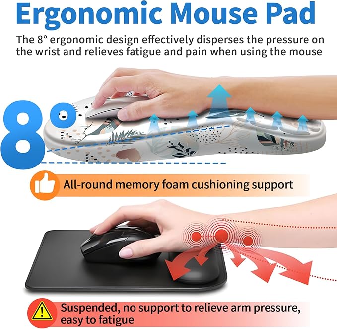 YIWEI Ergonomic Mouse Pad with Wrist Rest - Comfortable Office Mousepad with Memory Foam Wrist Support for Carpal Tunnel Relief, Mouse Pads with Non-Slip Base for Gaming and Home (Boho Leaves)