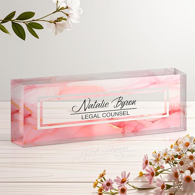 Personalized Name Plate for Desk, Custom Acrylic Desk Name Sign, Office Appreciation Gifts for Women Men Coworkers Boss Teacher Employee (Pink Marble)