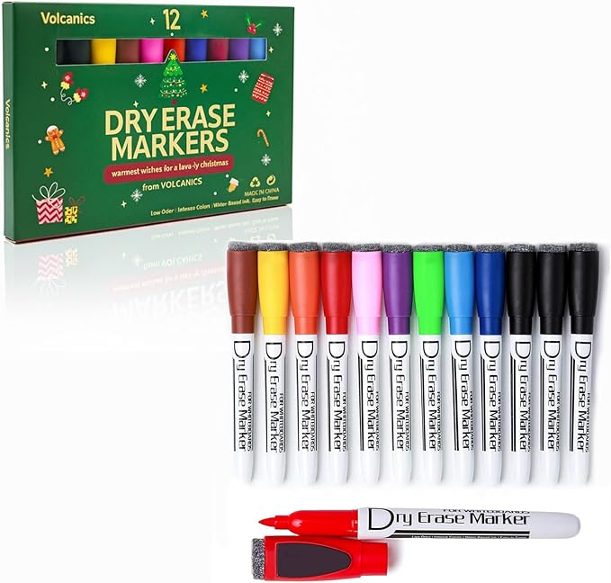 Volcanics Magnetic Dry Erase Markers Colored Set of 12 – Christmas Edition Whiteboard Markers with Erasers & Magnetic Caps, Perfect Stocking Stuffer for Teachers, Kids & Office