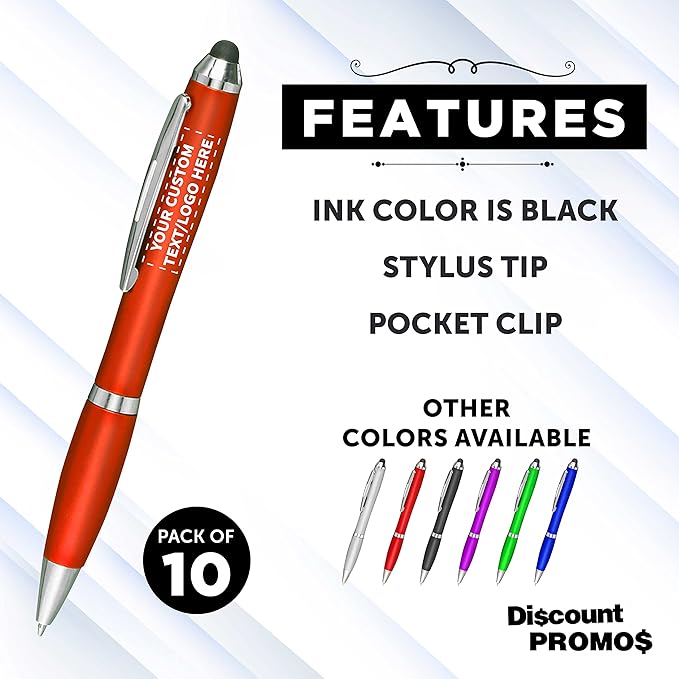 DISCOUNT PROMOS Custom Plastic Stylus Pens Set of 10, Personalized Bulk Pack - Black Ink, Great for Office, School, Business, Tradeshows, Events - Orange