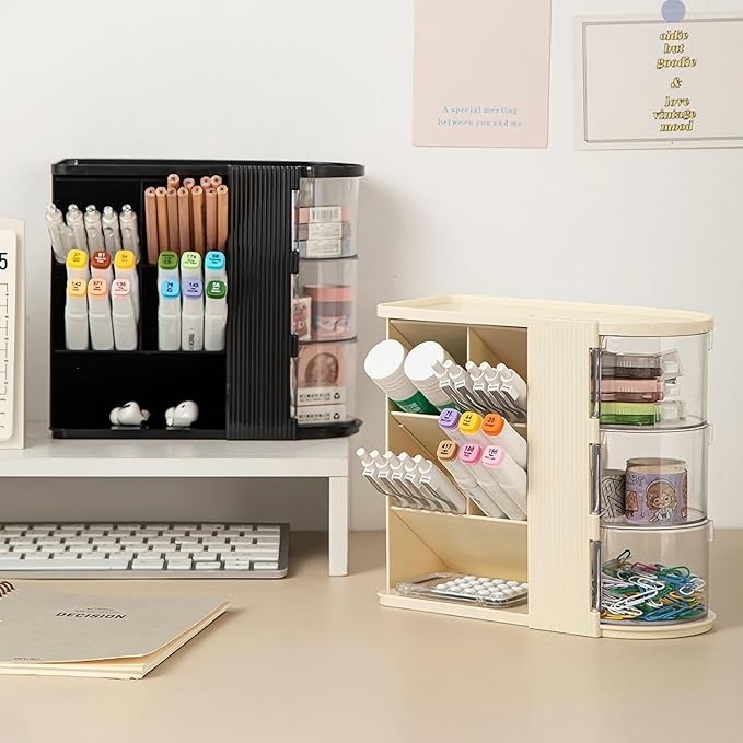 Desk Organizer with 3 Rotatable Drawer, Multi-Functional Pencil Pen Holder for Desk, Desk Organizers and Storage with 4 Slanted Compartments, Desktop Organizer for Office Home Supplies