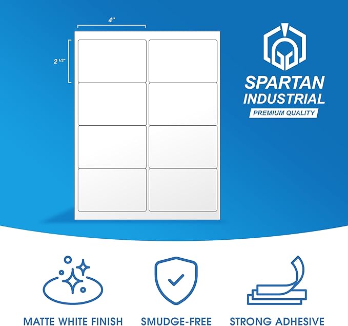 4" X 2 1/2" Printable Shipping Address Labels Compatible with Inkjet and Laser Printers - 250 Sheets, 2000 Total Matte White Paper Stickers for Mailing - Spartan Industrial Template R020