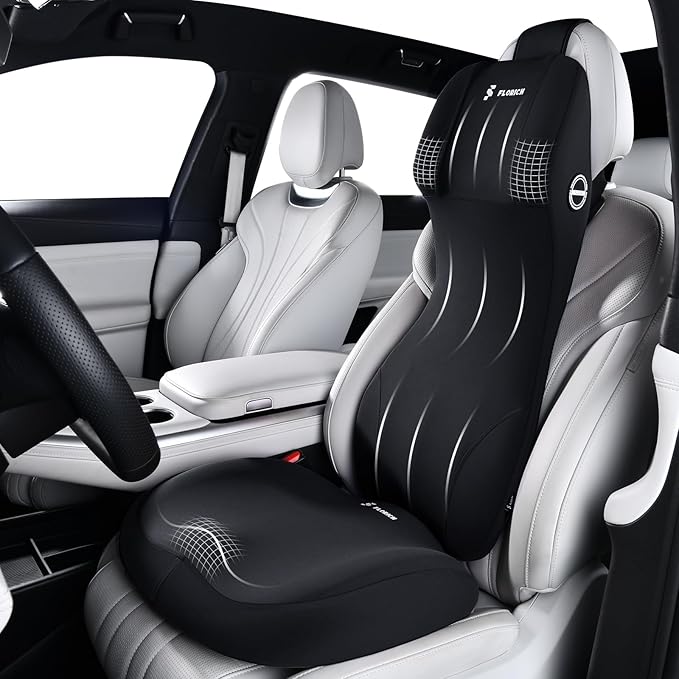 FLORICH Car Seat Cushion and Lumbar Support Headrest Pillow Memory Foam Ergonomic Car Cushion Back Neck Support Pillow Sciatica & Back & Tailbone Pain Relief Cushion for Car Seat Driving, Black