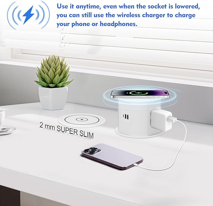 Pop Up Outlet for Countertop with 15w Wireless Charger, 4.7-Inch Pop Up Outlet with 4 Outlets and 2 USB-A, 1 USB-C, Pop Up Power Outlet for Kitchen Countertop, Conference Room, Study Room (White)