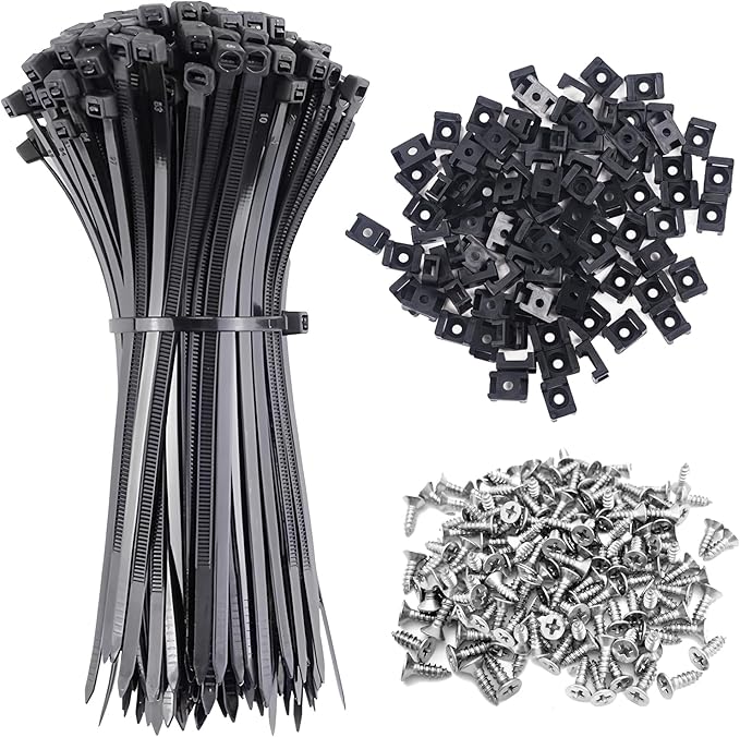 100Pcs Zip Ties with Screw Hole 8 Inch Cable Tie Mount, 0.6" Saddle Type Cable Mount Base Wire Mounting Clips Nylon Organizer Holders Clapms Zip Ties Anchors Fasteners for Wall(Black)