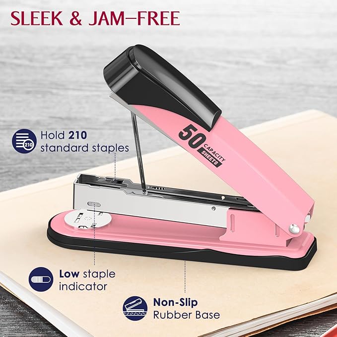 Metal Stapler Heavy Duty 50 Sheet Capacity with 1750 Staples and Staple Remover, Full Strip Staplers for Desk, No Jam, Non-Slip for Office & Classroom, Pink