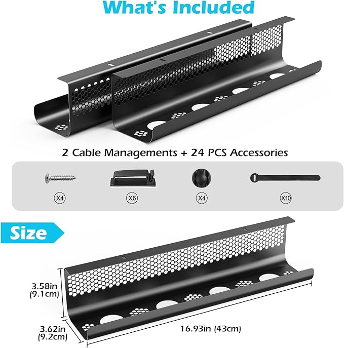 KHAMAL Cable Management Under Desk 26PCS - Cable Management Tray Kit Ventilated Hexagonal Design with Cable Clips, Wire Ties, Cord Holder & Screws for Office, Home (Black)