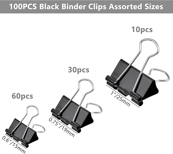 100pcs Binder Clips Assorted Sizes, Black Paper Clamps, Medium, Small, Mini 3 Sizes with Box for Office, School and Home