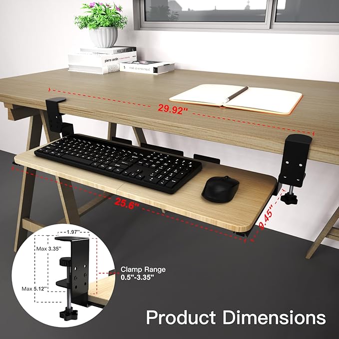 Large Keyboard Tray Under Desk Pull Out with Adjustable C-Clamp, Ergonomic Slide-Out Computer Keyboard and Mouse Platform Drawer for Office and Home Typing (Light Wood)