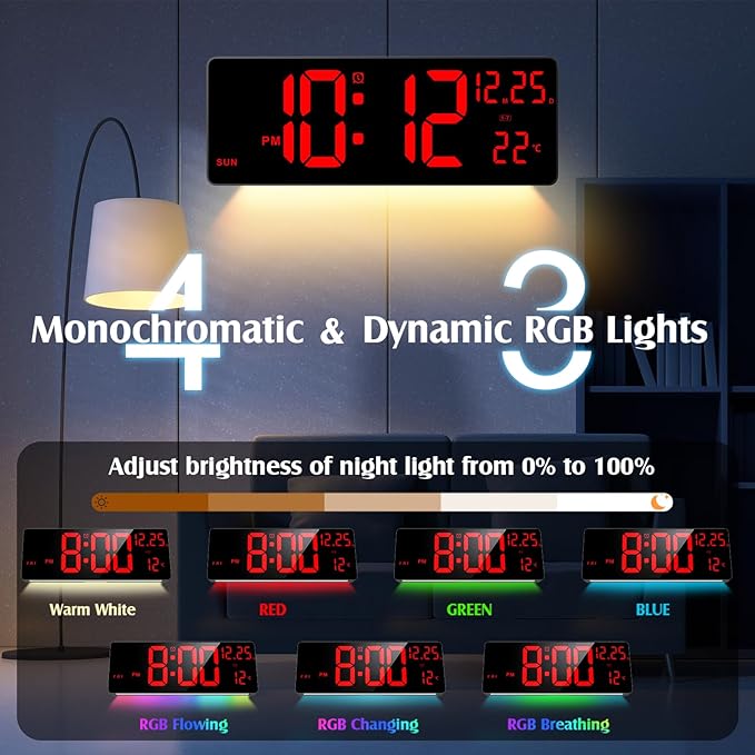 16.5" Large Digital Wall Clock with RGB Night Lights, Auto Dimmer, Remote Control, Date, Indoor Temperature, DST