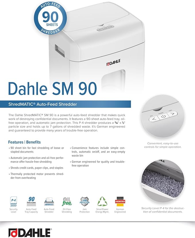 Dahle ShredMATIC SM 90 Auto-Feed Paper Shredder, Cross Cut, 90 Sheet Feed Tray, German Engineered, Jam Protection, Oil Free, SmartPower, P-4 Security, Shreds Staples/Paper Clips/Credit Cards