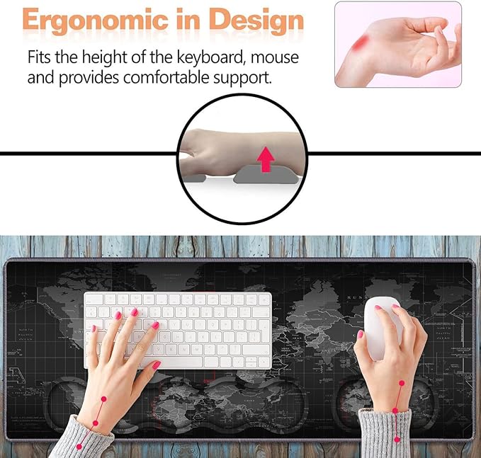 Ergonomic Keyboard Wrist Rest & Mouse Pad Wrist Rest Set, Large XXL Gaming Mousepad 31.5"x 11.8", Memory Foam, Easy Typing Pain Relief, Multifunctional Desk Mat for Office & Home, World Map Pattern