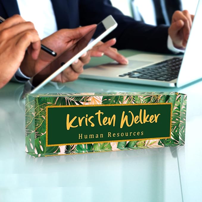 SalaGraphics Desk Name Plate, Custom for, Office Decor Women Men, Acrylic Accessories, Gifts Coworkers Boss Teacher, Employee Appreciation (Green Leaves), 8”(L)x2.5(W)