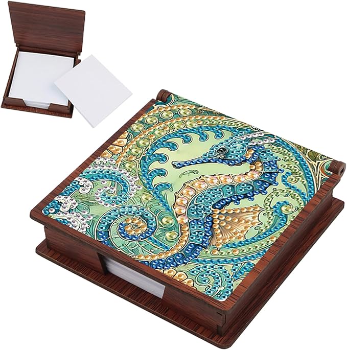 Wooden DIY Seahorse Diamond Art Notecard Box – DIY Gem Art Sticky Note Holder for Adults 160 Sheets Memo Pad Storage